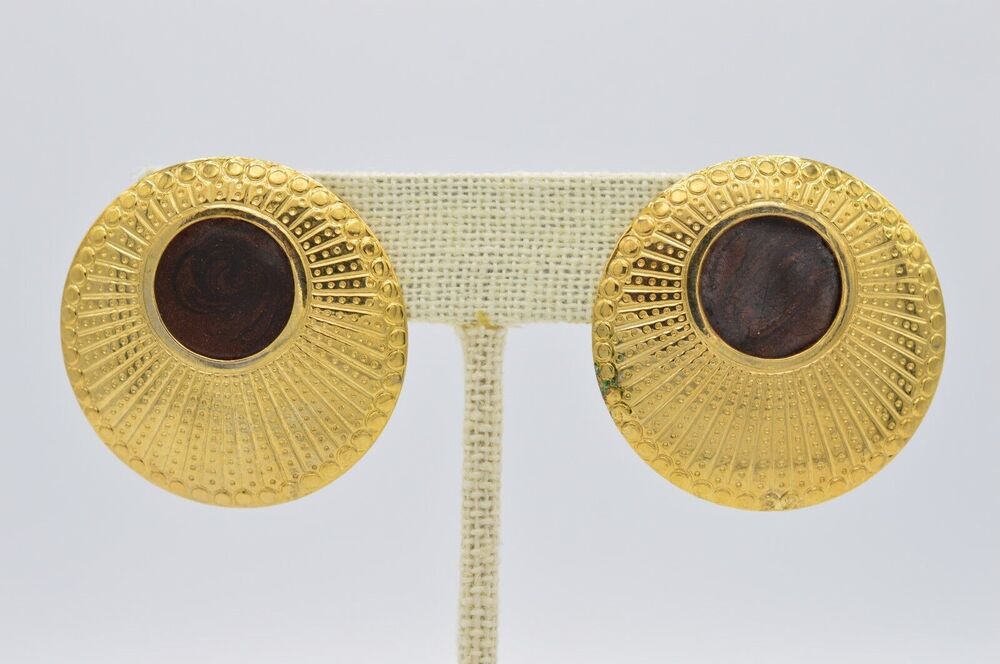 Vintage Chunky Earrings Shiny Yellow Gold Light Metal Enamel NOS 1980s BinAA